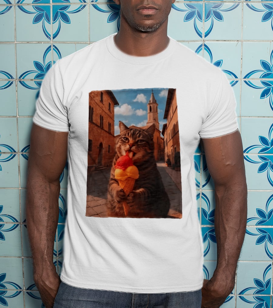 Tabby Cat Eating Ice Cream Cone In Italian Village Street Scene T-Shirt