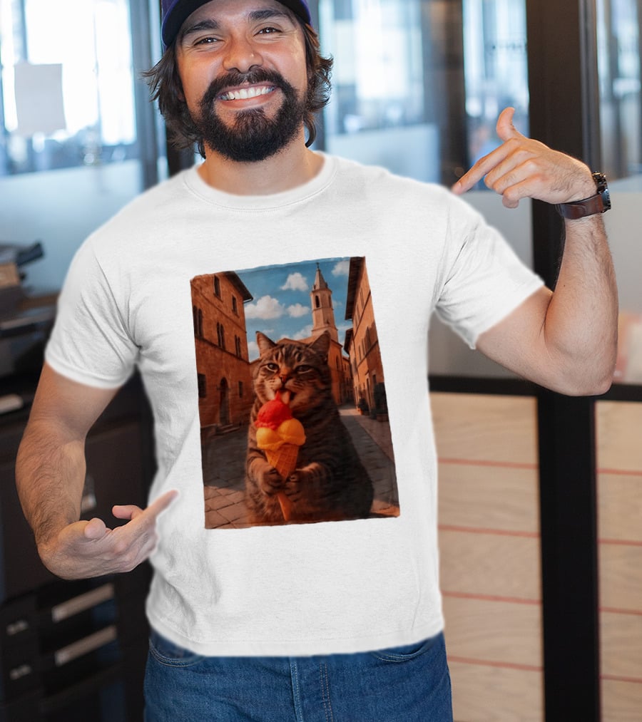 Tabby Cat Eating Ice Cream Cone In Italian Village Street Scene T-Shirt