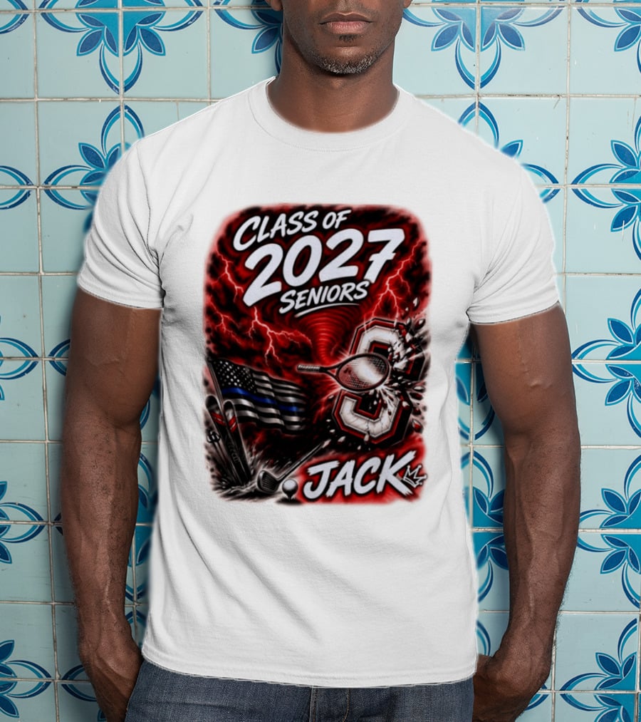 Class Of 2027 Seniors Jack Black Flag Lightning Tennis Football T-Shirt