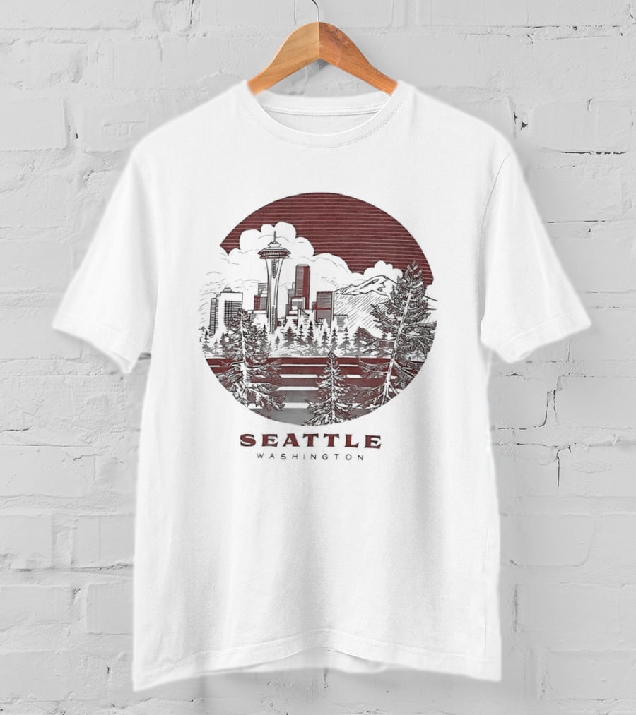Seattle Washington Skyline Space Needle Mountains Forest T-Shirt