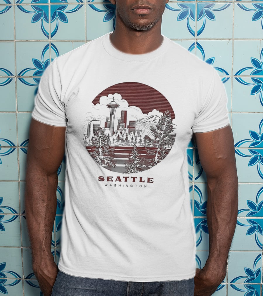 Seattle Washington Skyline Space Needle Mountains Forest T-Shirt