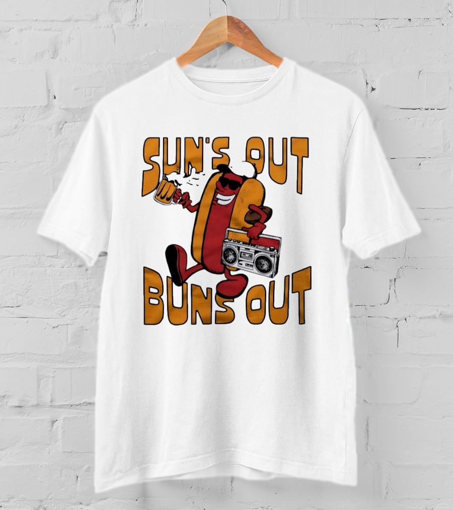 Sun's Out Buns Out Hot Dog With Sunglasses Holding Beer And Boombox T-Shirt