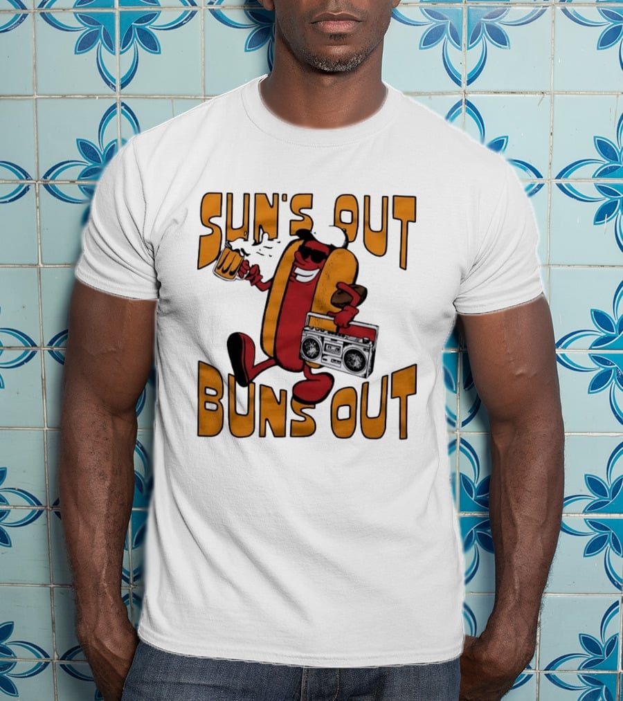 Sun's Out Buns Out Hot Dog With Sunglasses Holding Beer And Boombox T-Shirt