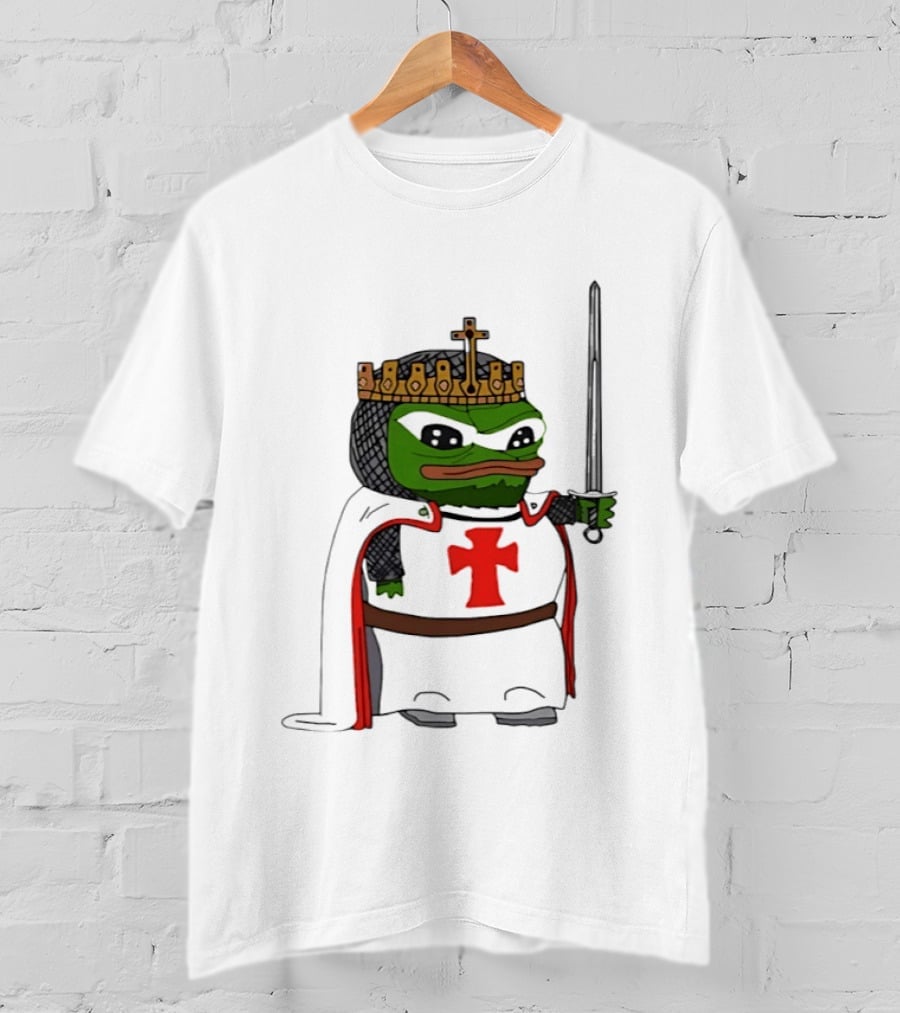 Pepe The Frog King Holding Sword Medieval Crusader Knight With Crown And Cape T-Shirt