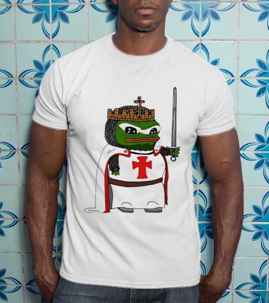 Pepe The Frog King Holding Sword Medieval Crusader Knight With Crown And Cape T-Shirt