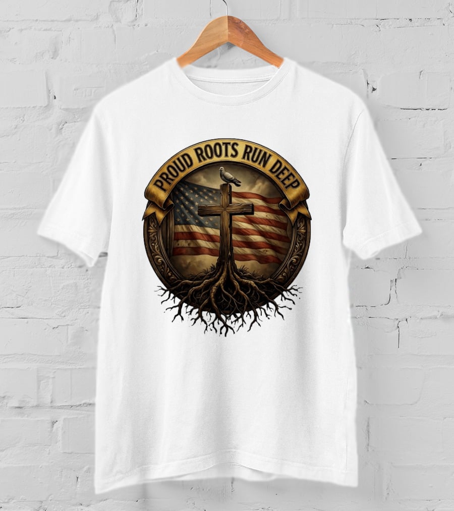 Proud Roots Run Deep Cross Dove American Flag Roots T-Shirt