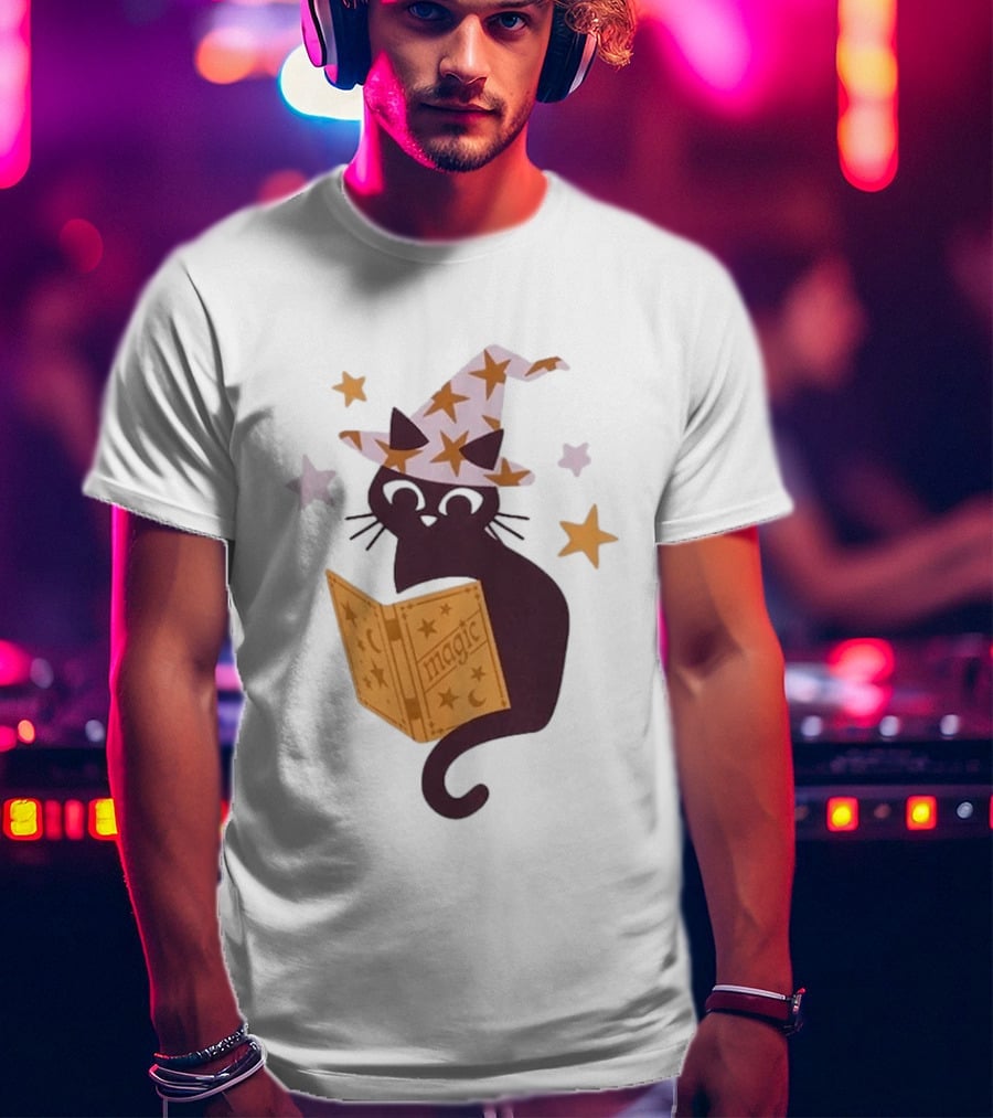 Magic Cat In Witch Hat Reading Spell Book With Stars T-Shirt