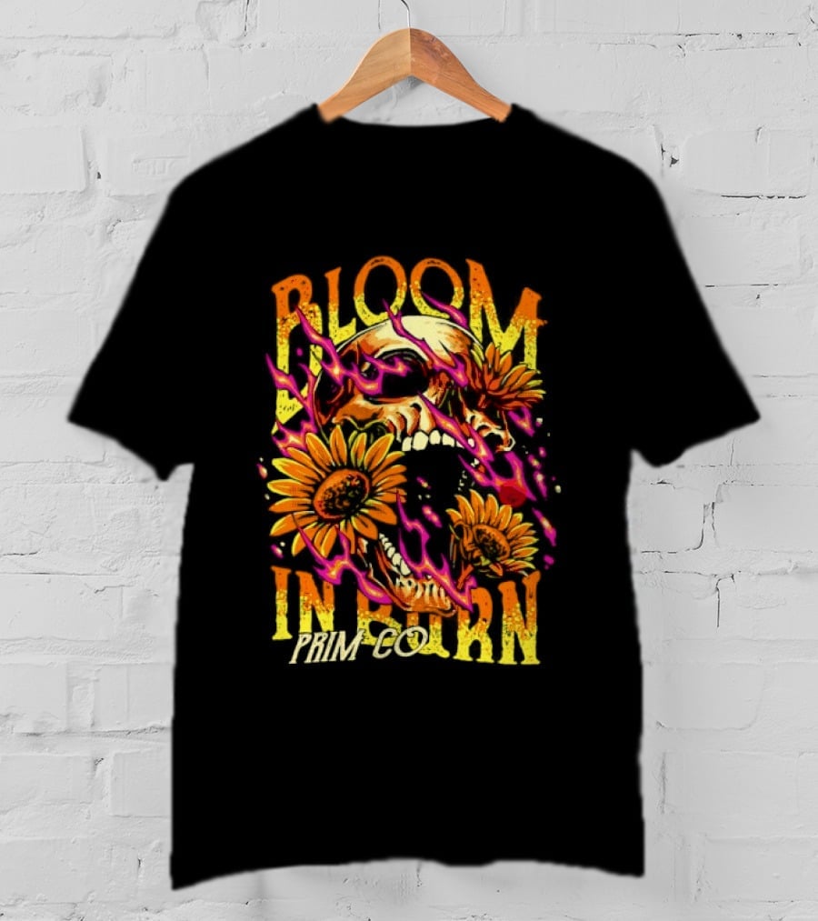 Bloom In Burn Prim Co Skull And Sunflowers T-Shirt