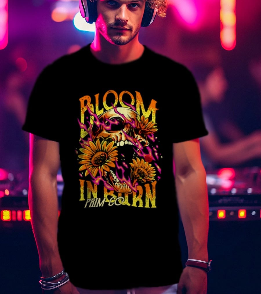 Bloom In Burn Prim Co Skull And Sunflowers T-Shirt