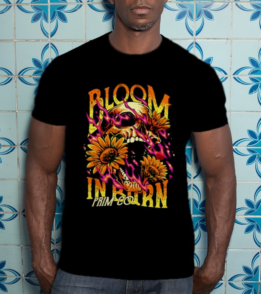 Bloom In Burn Prim Co Skull And Sunflowers T-Shirt