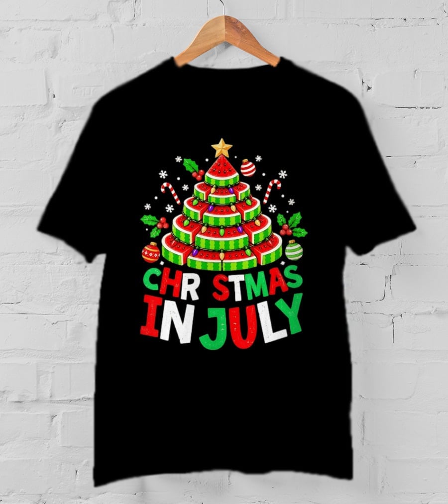 Christmas In July Watermelon Tree With String Lights And Candy Canes T-Shirt