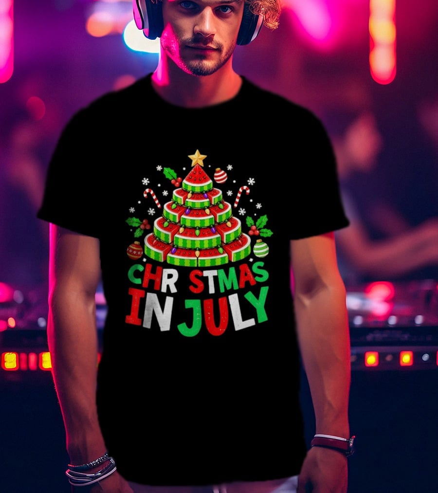 Christmas In July Watermelon Tree With String Lights And Candy Canes T-Shirt