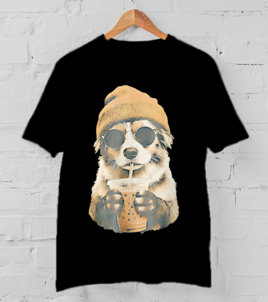 Cozy Dog In Beanie And Sunglasses Enjoying Iced Boba Tea T-Shirt