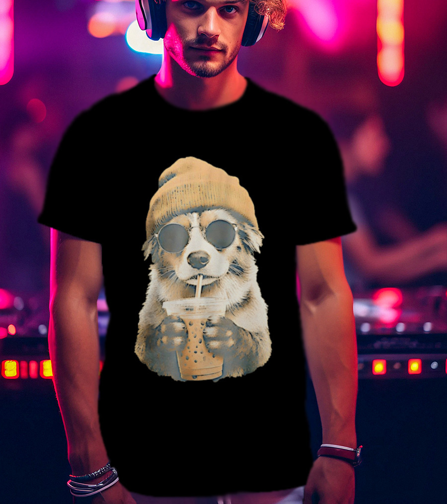 Cozy Dog In Beanie And Sunglasses Enjoying Iced Boba Tea T-Shirt