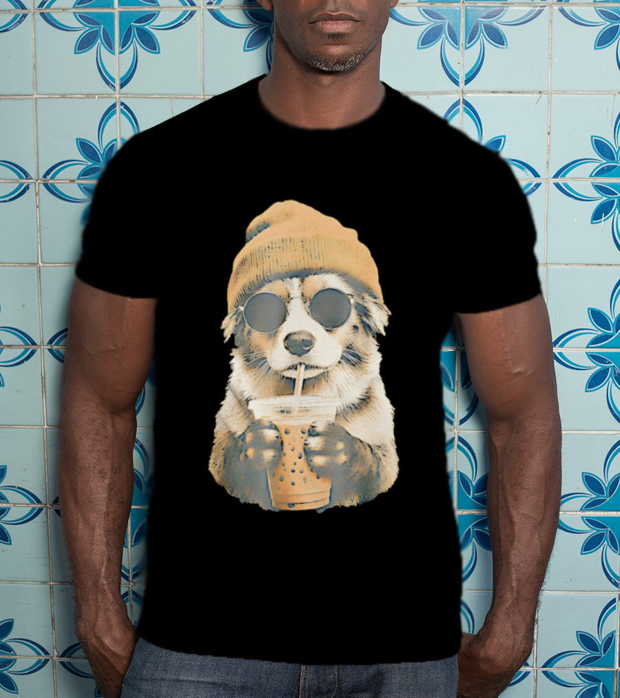 Cozy Dog In Beanie And Sunglasses Enjoying Iced Boba Tea T-Shirt