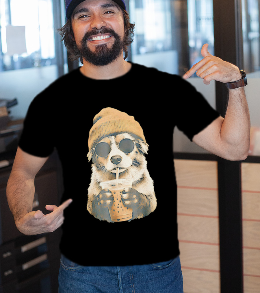 Cozy Dog In Beanie And Sunglasses Enjoying Iced Boba Tea T-Shirt