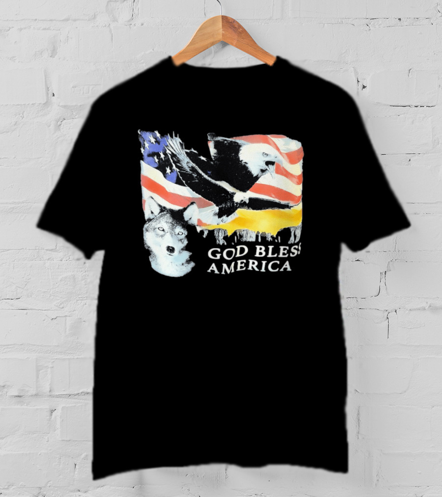 God Bless America Bald Eagle Wolf And American Flag Patriotic T-Shirt