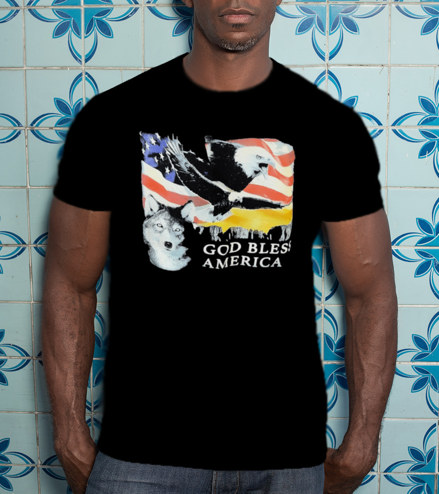 God Bless America Bald Eagle Wolf And American Flag Patriotic T-Shirt