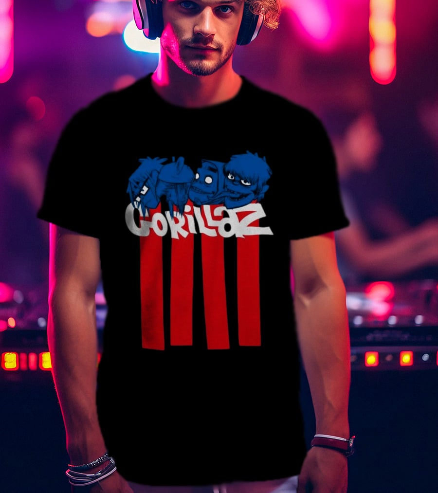 GORILLAZ Pez Heads Characters Red Stripes T-Shirt