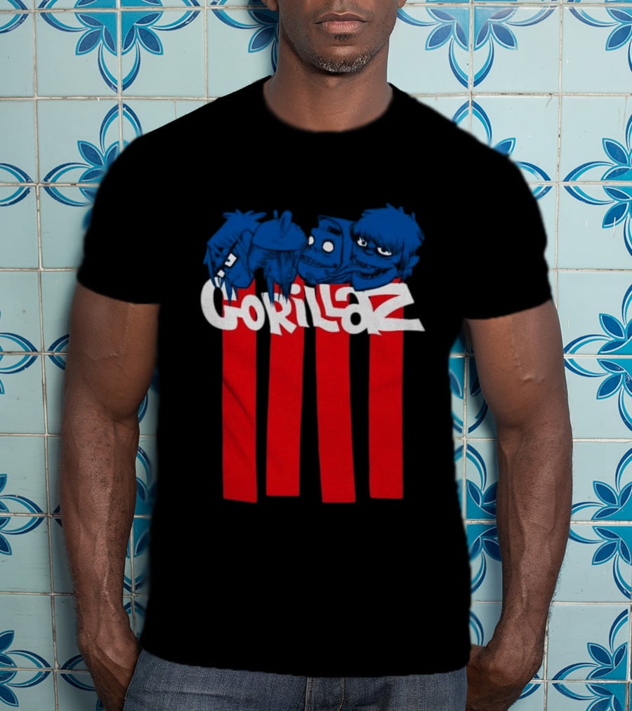 GORILLAZ Pez Heads Characters Red Stripes T-Shirt