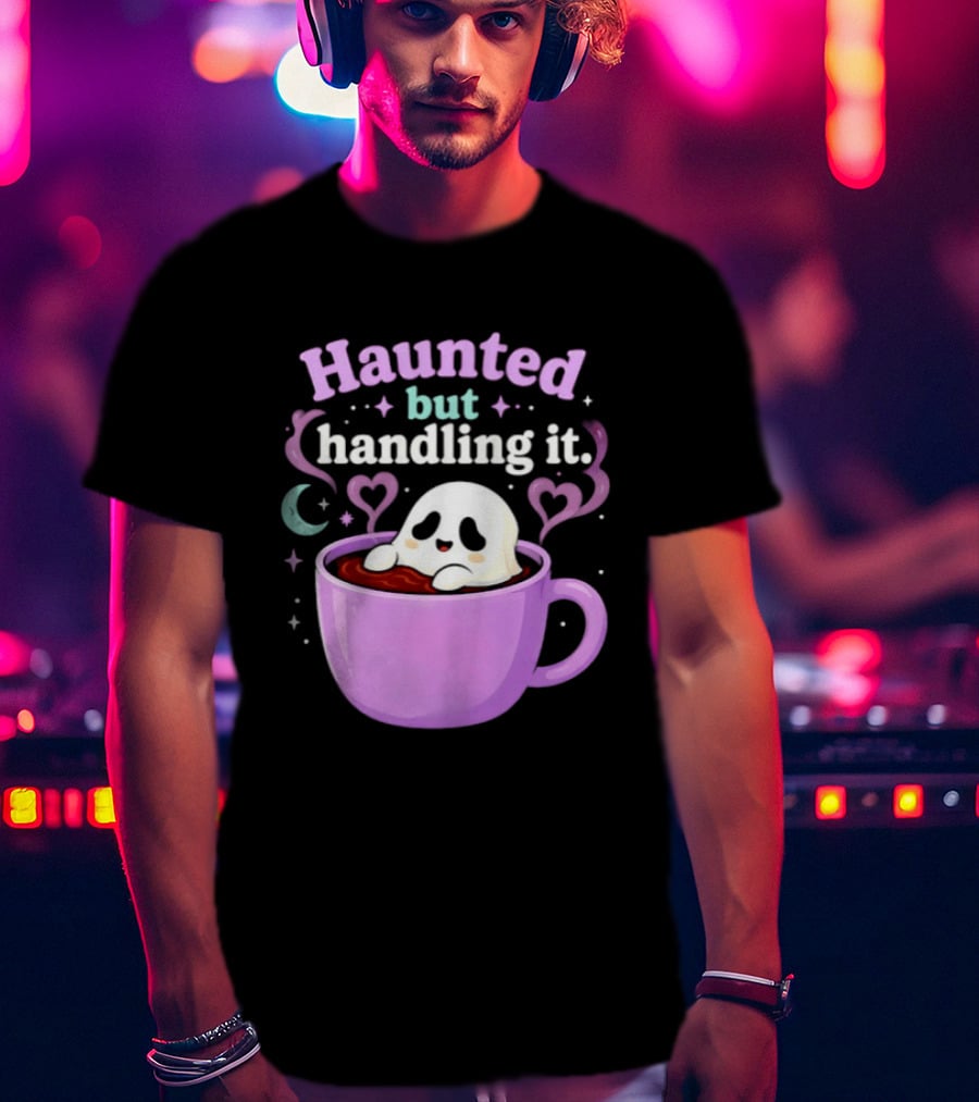 Haunted But Handling It Ghost Coffee Spooky Hearts And Moon T-Shirt