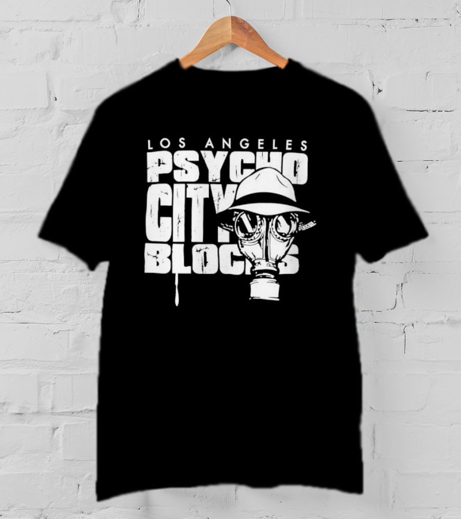 Los Angeles Psycho City Blocks Gas Mask Helmet Bold Lettering T-Shirt