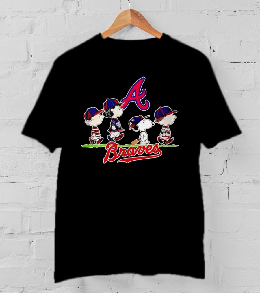 Atlanta Braves Peanuts Characters Walking With Baseball Caps T-Shirt
