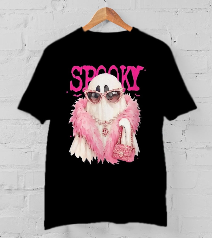 Spooky Glamorous Ghost With Pink Fur And Sunglasses T-Shirt