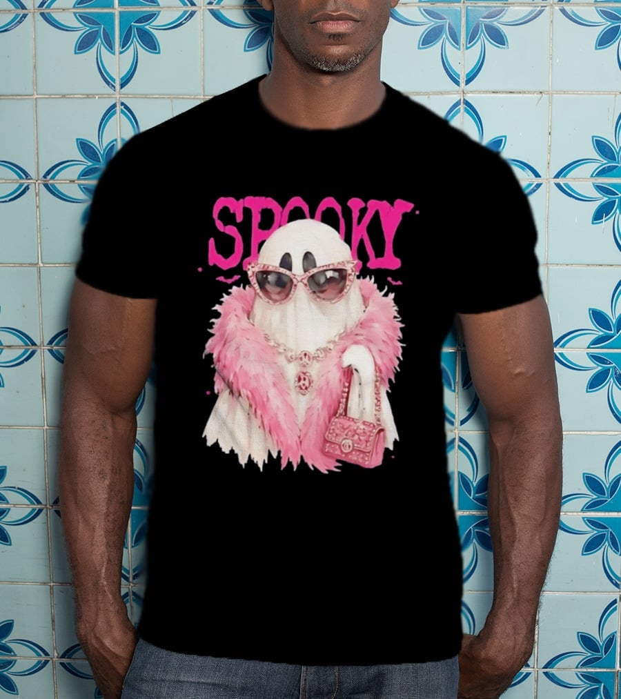 Spooky Glamorous Ghost With Pink Fur And Sunglasses T-Shirt