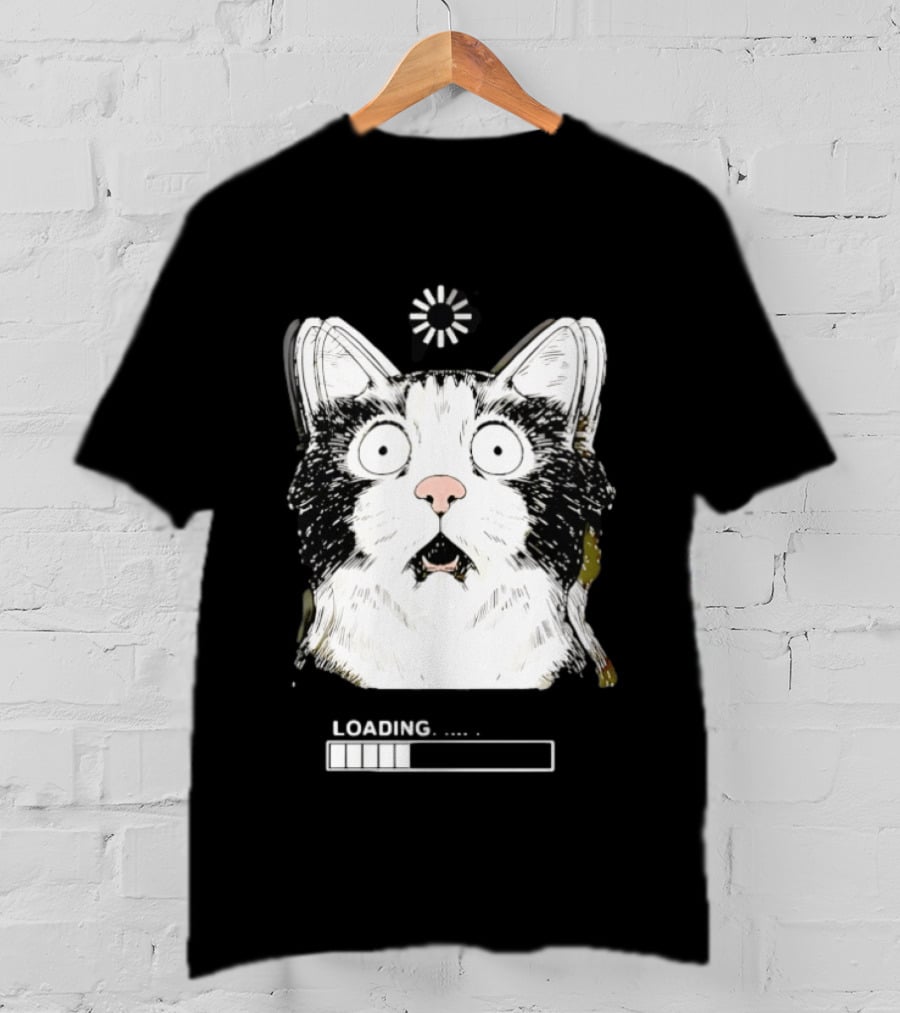 Startled Tuxedo Cat Staring Wide Eyed Beside Loading Progress Bar Meme T-Shirt