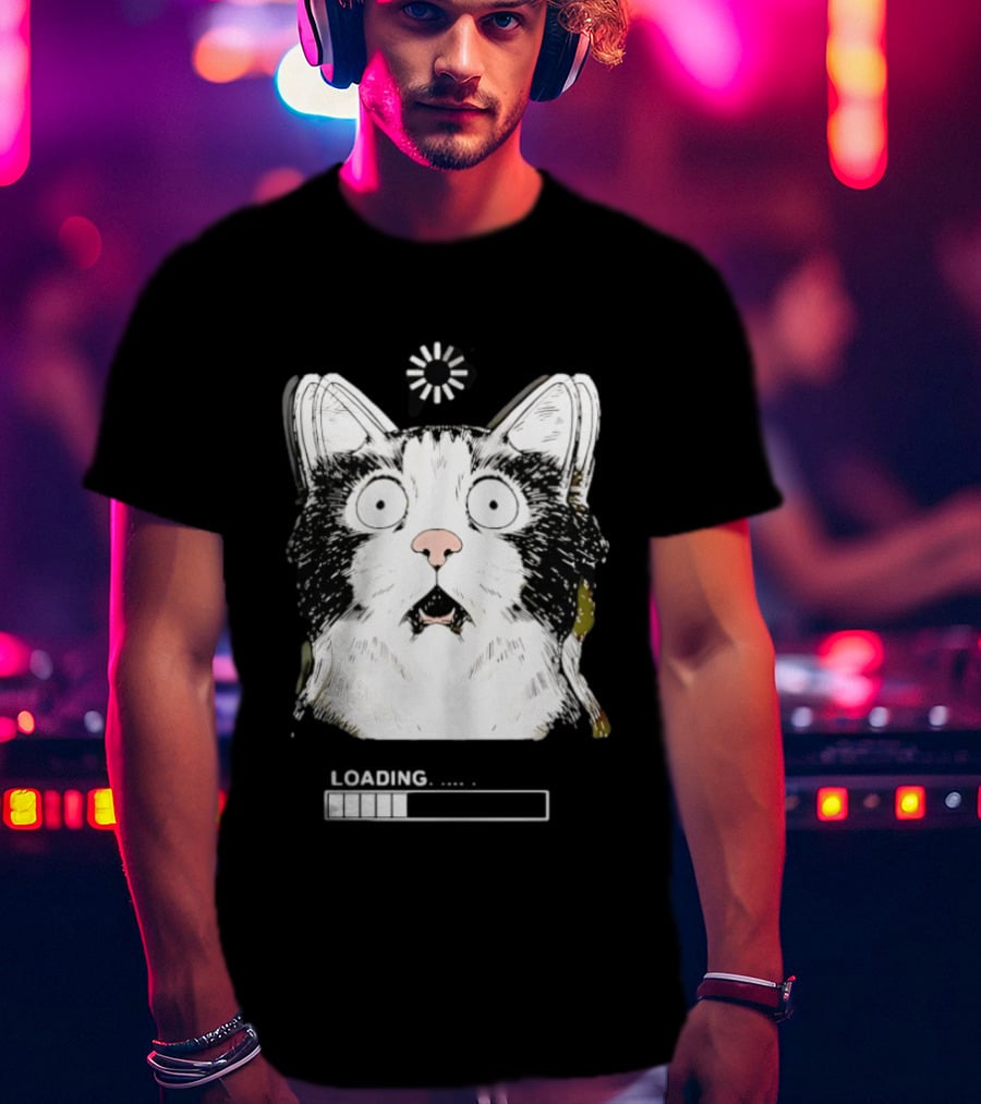 Startled Tuxedo Cat Staring Wide Eyed Beside Loading Progress Bar Meme T-Shirt