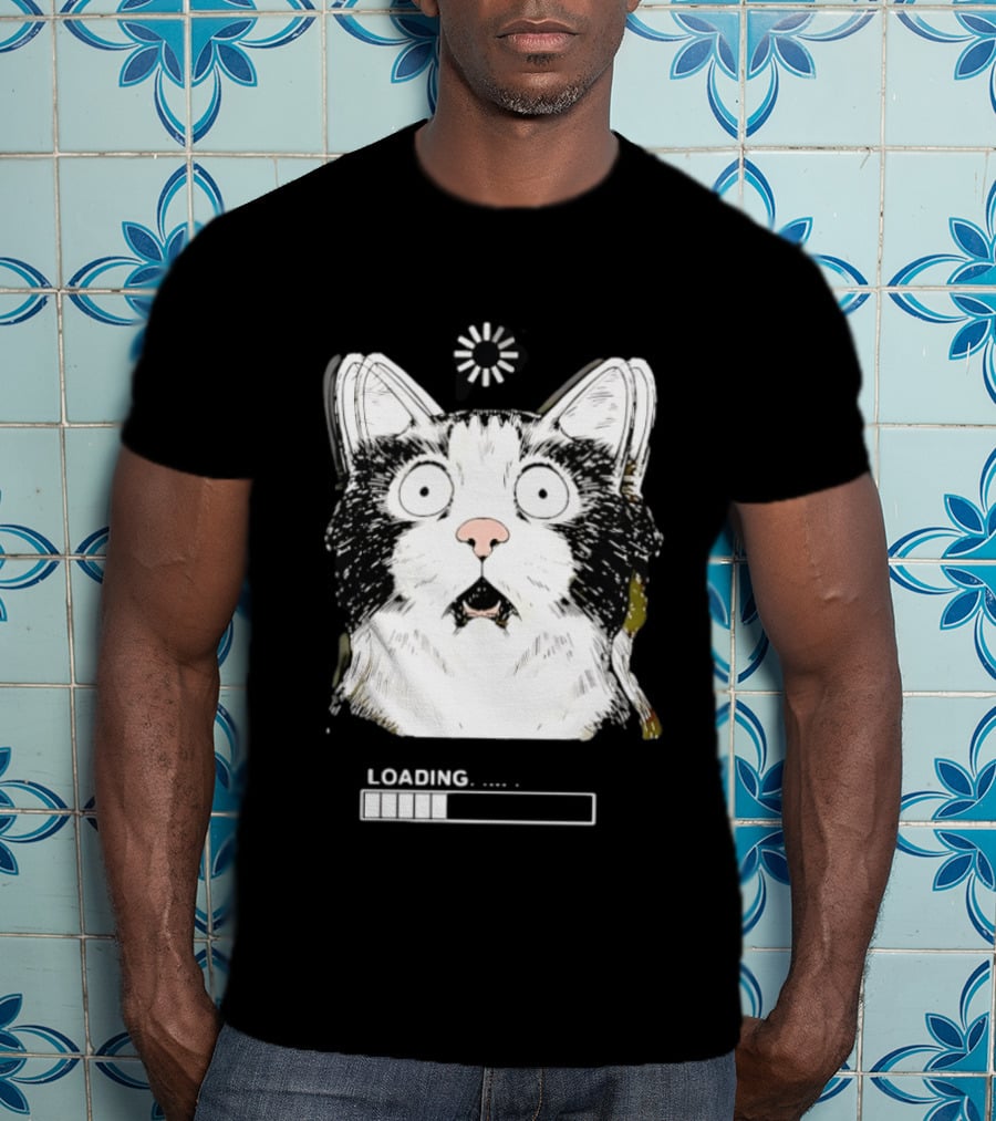 Startled Tuxedo Cat Staring Wide Eyed Beside Loading Progress Bar Meme T-Shirt