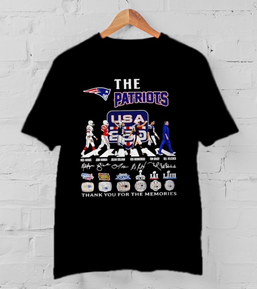 The Patriots USA 250 Thank You For The Memories With Player Signatures And Super Bowl Logos T-Shirt