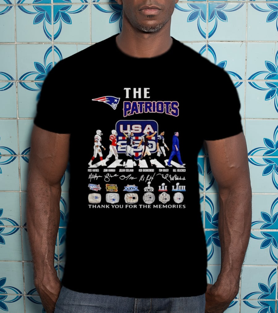 The Patriots USA 250 Thank You For The Memories With Player Signatures And Super Bowl Logos T-Shirt