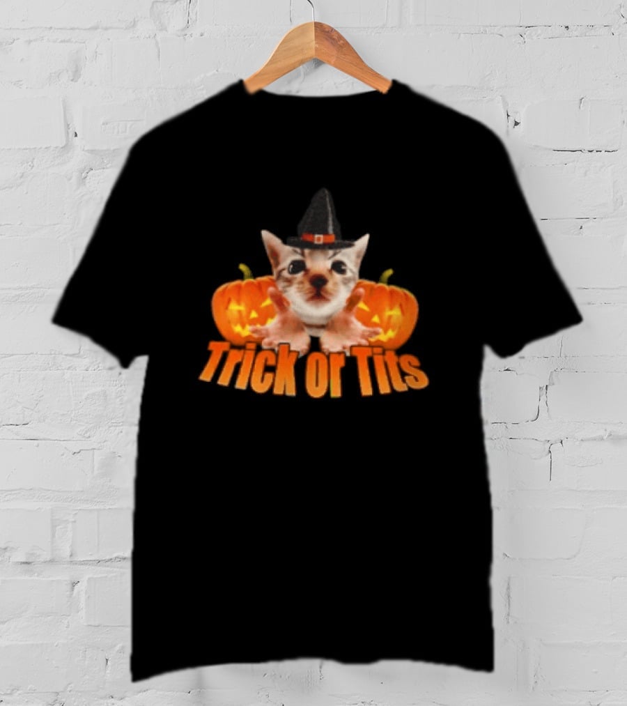 Trick Or Tits Halloween Cat Witch Pumpkin Hat T-Shirt