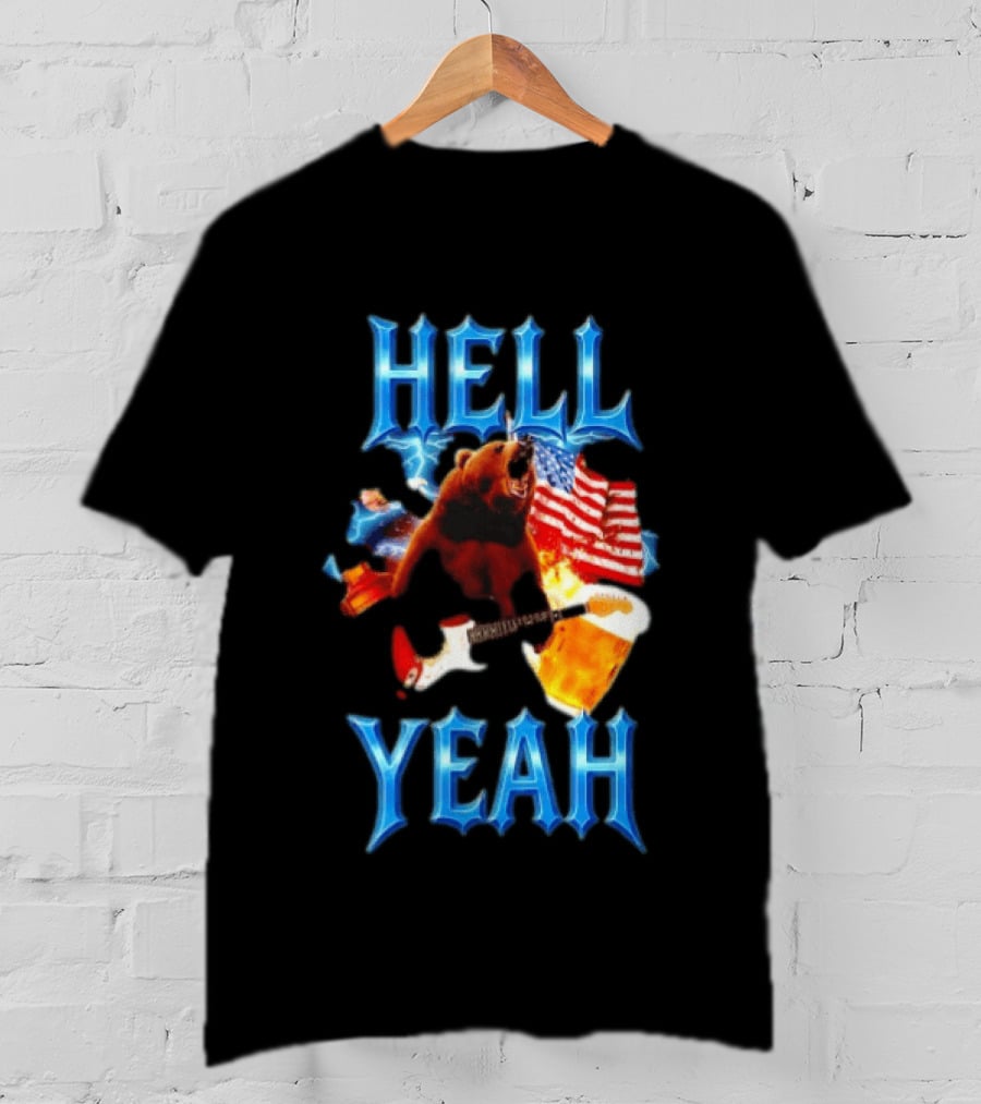 Hell Yeah Bear American Flag Guitar Beer Celebration T-Shirt