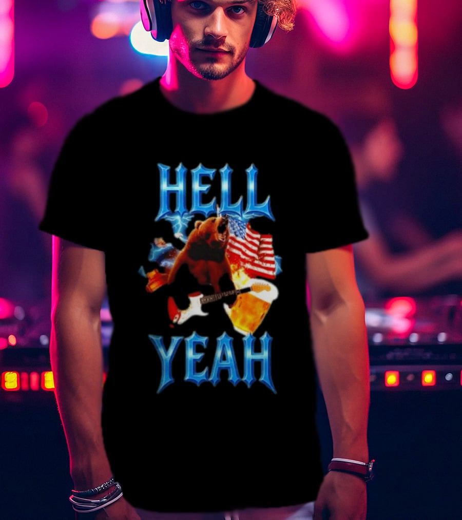 Hell Yeah Bear American Flag Guitar Beer Celebration T-Shirt