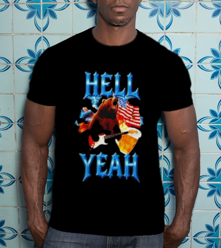 Hell Yeah Bear American Flag Guitar Beer Celebration T-Shirt