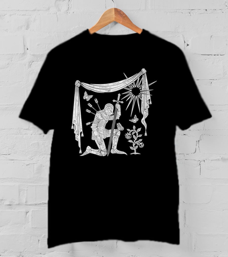 Knight Kneeling With Sword And Arrows Medieval Warrior Sun And Nature Motif T-Shirt