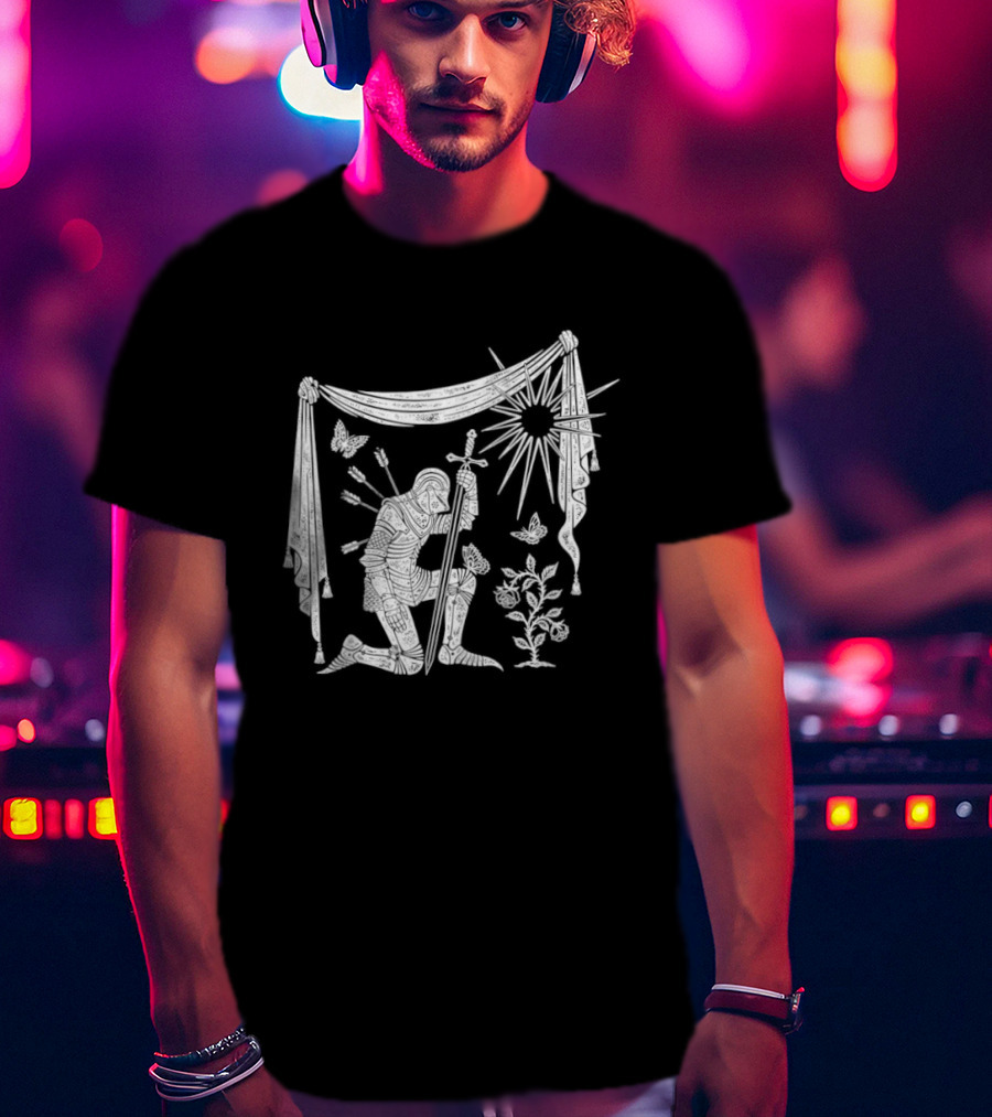 Knight Kneeling With Sword And Arrows Medieval Warrior Sun And Nature Motif T-Shirt