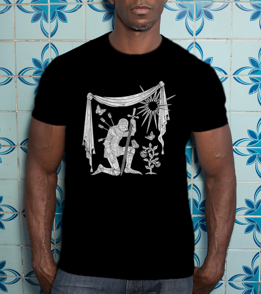Knight Kneeling With Sword And Arrows Medieval Warrior Sun And Nature Motif T-Shirt
