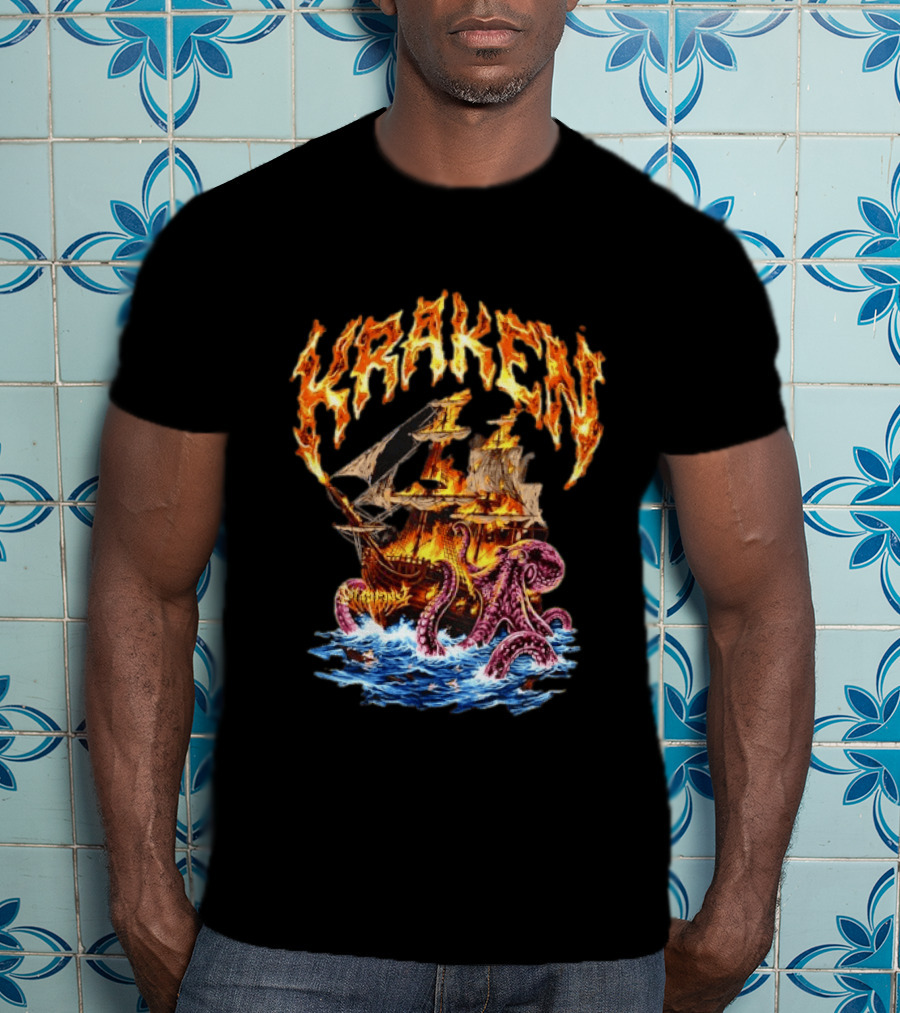 Kraken Nautical Myths Burning Ship Octopus Attack T-Shirt