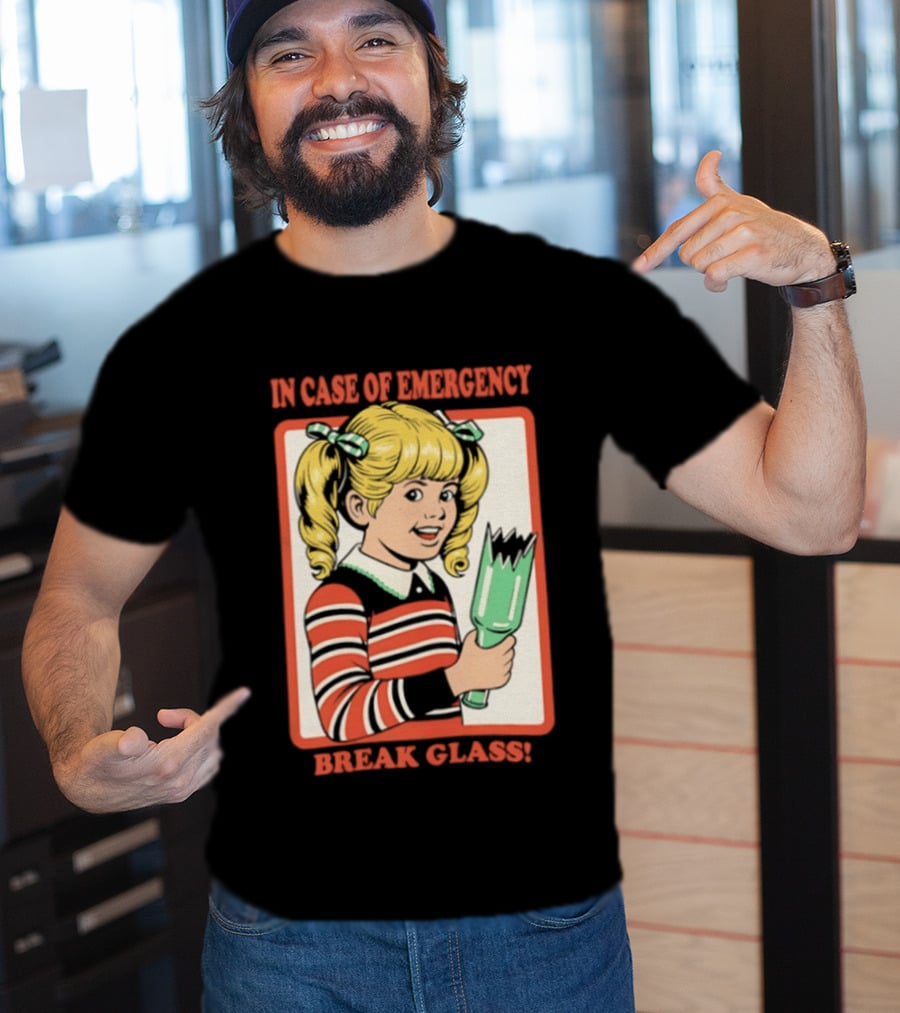 In Case Of Emergency Break Glass Blonde Girl With Striped Sweater Holding Broken Bottle T-Shirt