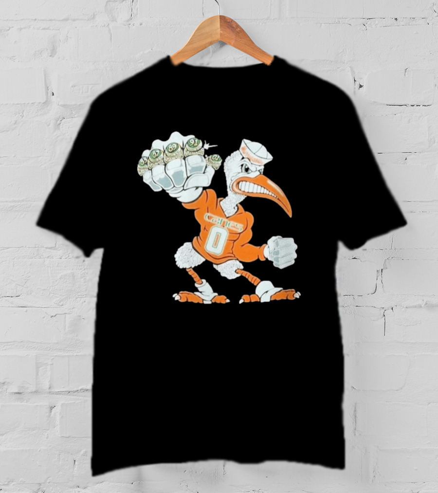 Miami Hurricanes Sebastian The Ibis 5 Rings Champs 1983 1987 1989 1991 2001 T-Shirt