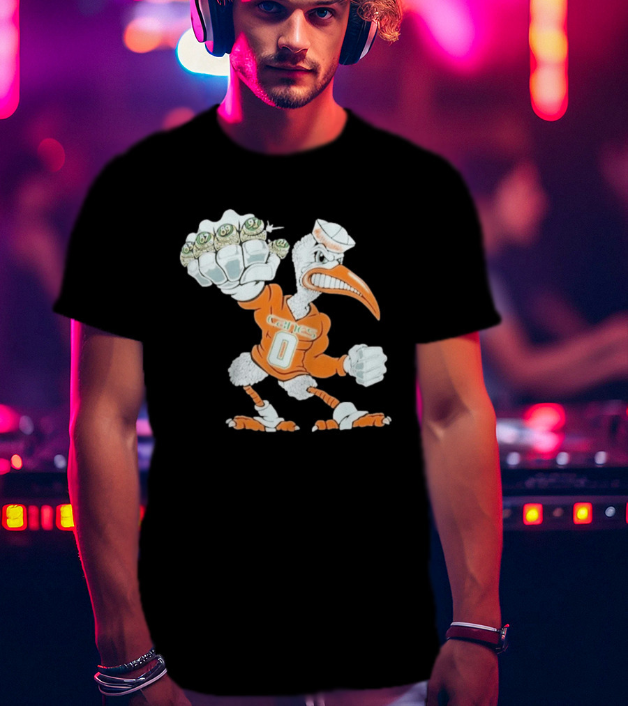Miami Hurricanes Sebastian The Ibis 5 Rings Champs 1983 1987 1989 1991 2001 T-Shirt