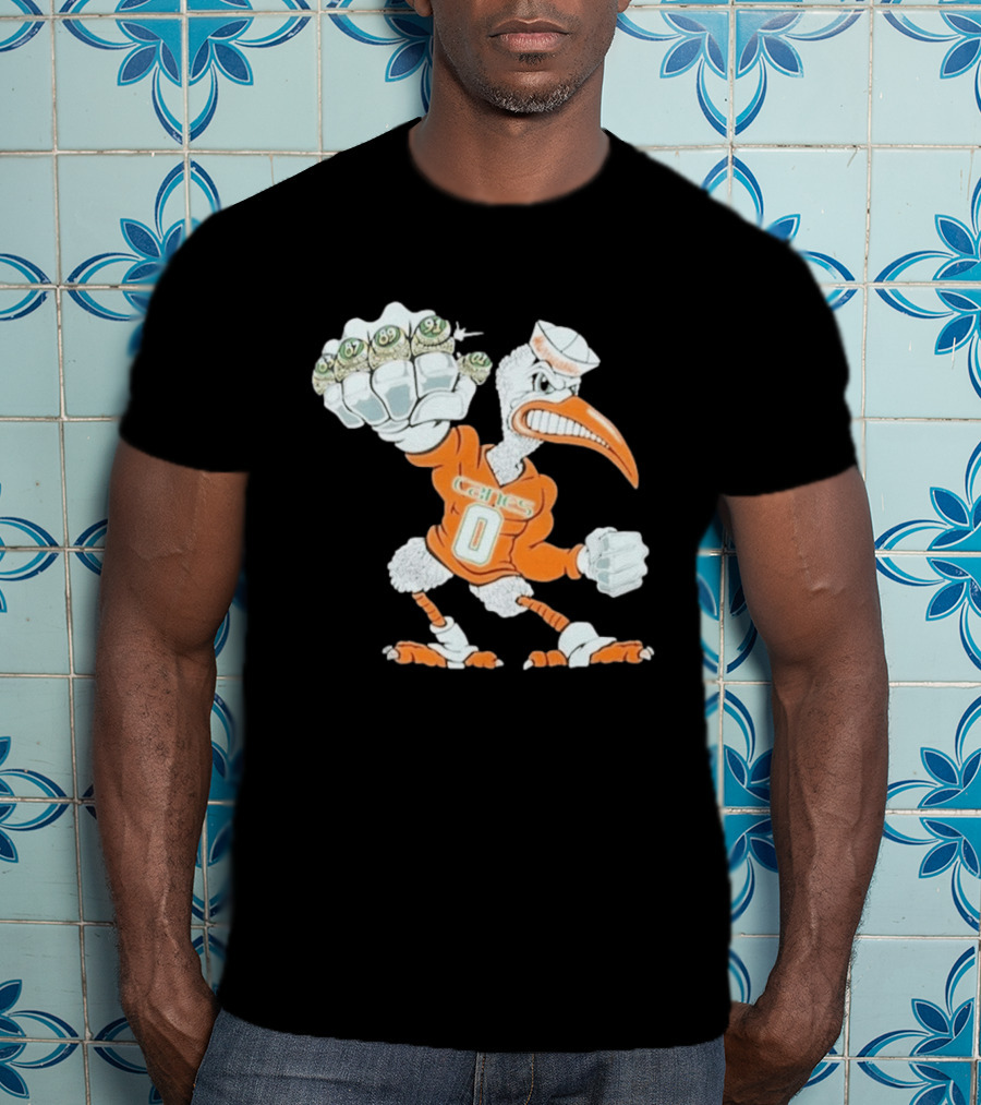 Miami Hurricanes Sebastian The Ibis 5 Rings Champs 1983 1987 1989 1991 2001 T-Shirt
