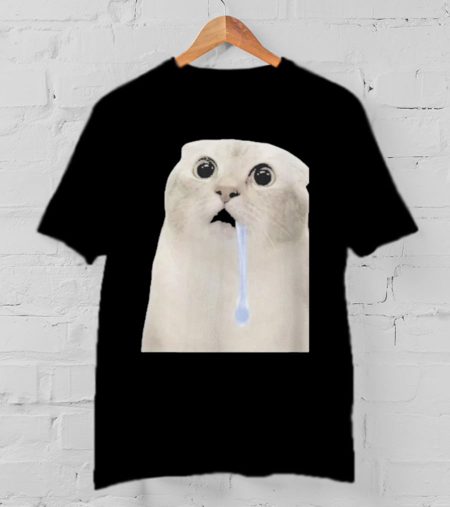 Wide Eyed Drooling Cat Meme Humor T-Shirt