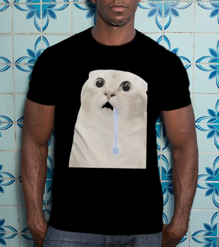 Wide Eyed Drooling Cat Meme Humor T-Shirt