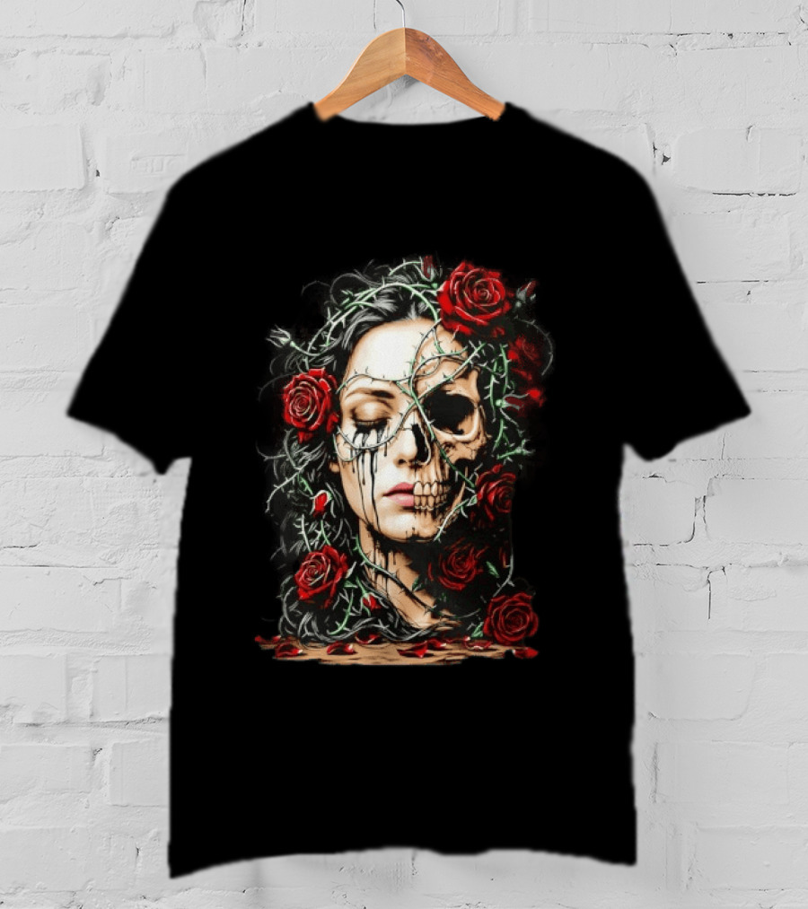 Eleventy Skull And Roses Gothic Heavy Metal Image With Thorns And Red Roses T-Shirt