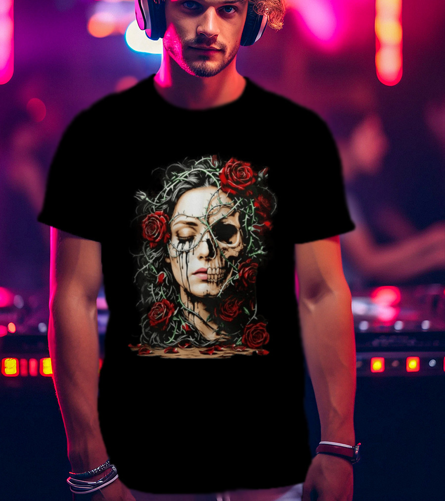 Eleventy Skull And Roses Gothic Heavy Metal Image With Thorns And Red Roses T-Shirt